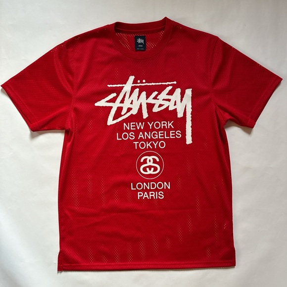 Vintage stussy world tour mesh jersey team crew tee red - Picture 1 of 4